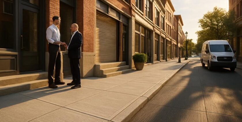 Two businessmen shaking hands on quiet city street