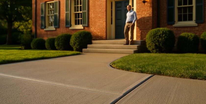 Fresh concrete walkway leading to brick house entrance