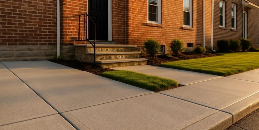 New concrete sidewalk beside brick house entrance
