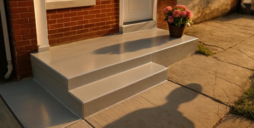 Freshly painted concrete steps with a flower pot
