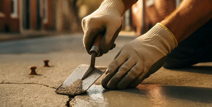 Worker repairing crack in concrete pavement