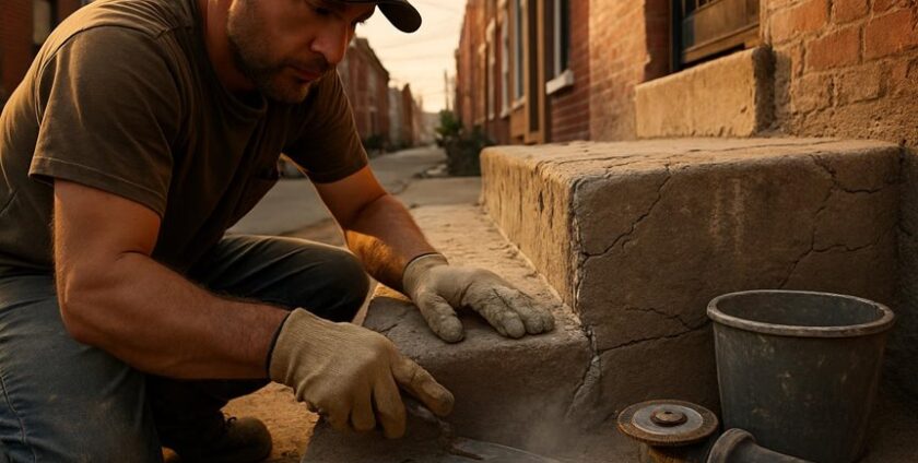 Worker repairing cracked concrete steps with tools.