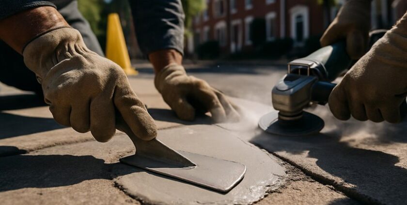 Workers repairing concrete sidewalk outdoors