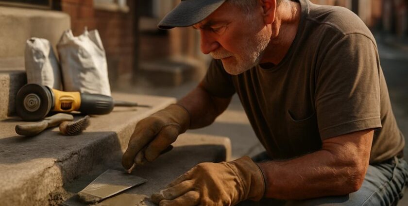 Man repairing concrete steps outdoors