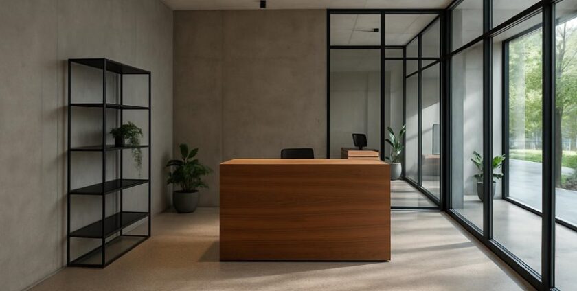 Modern minimalist office reception with wooden desk