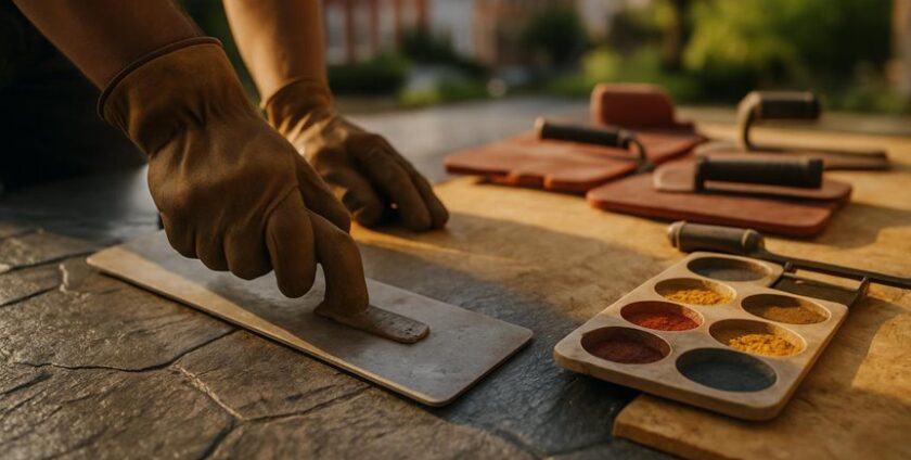 Worker smoothing concrete with construction tools outdoors