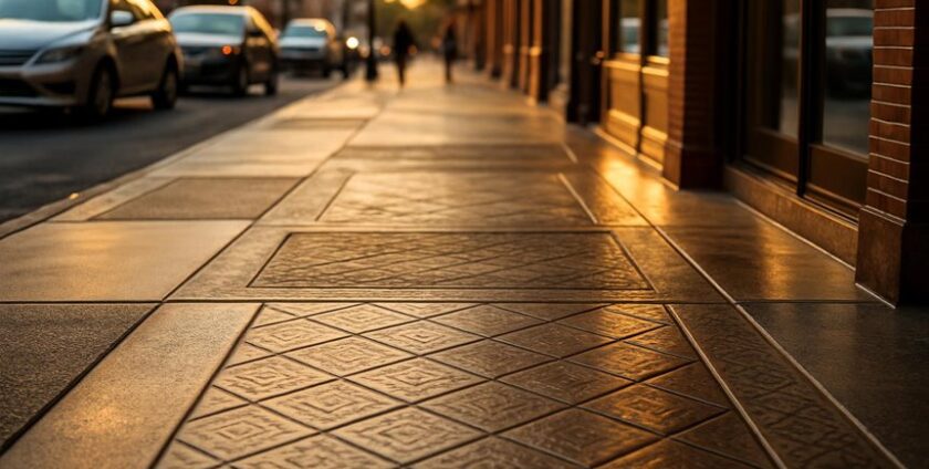 Sunlit city sidewalk with parked cars at sunset