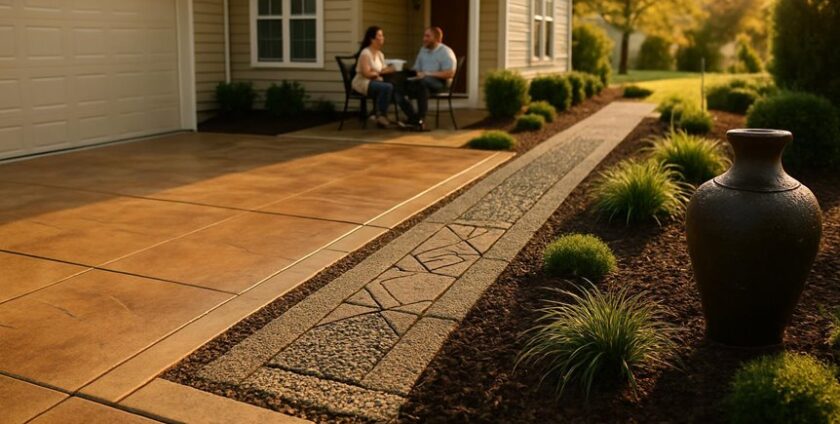 Couple relaxing on front porch with landscaped walkway
