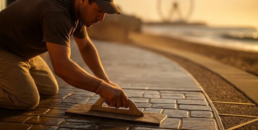 Worker smoothing concrete near beach at sunset