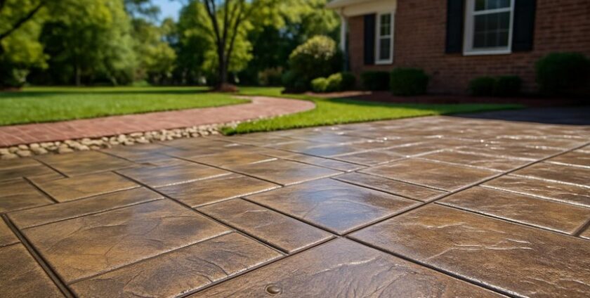 Stamped concrete driveway in front yard