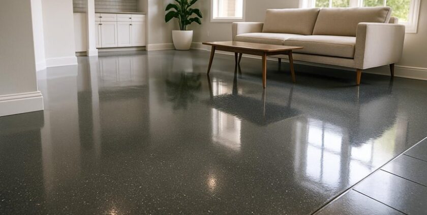 Modern living room with polished concrete floor