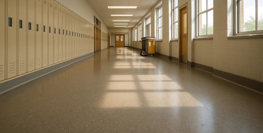 Empty school hallway with lockers and windows