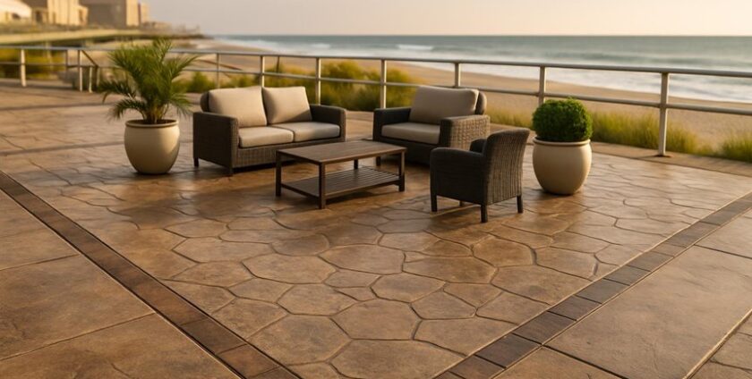 Outdoor patio furniture overlooking the beach