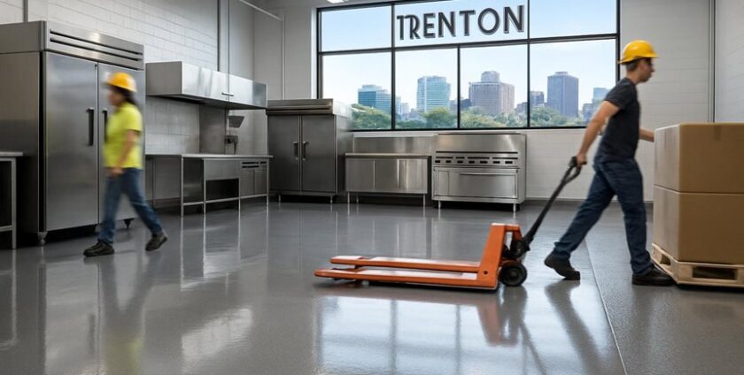 Workers in industrial kitchen with city skyline view