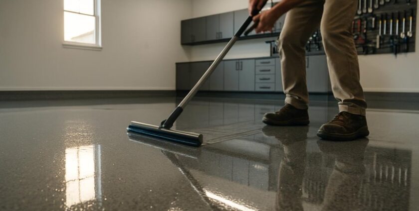 Person applying epoxy coating to garage floor
