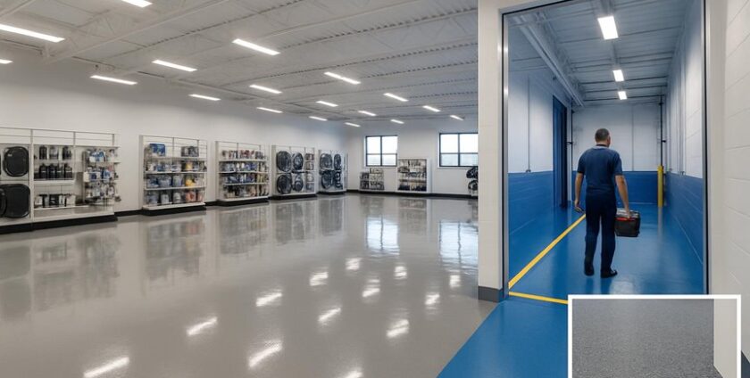 Industrial showroom with epoxy flooring and shelves.