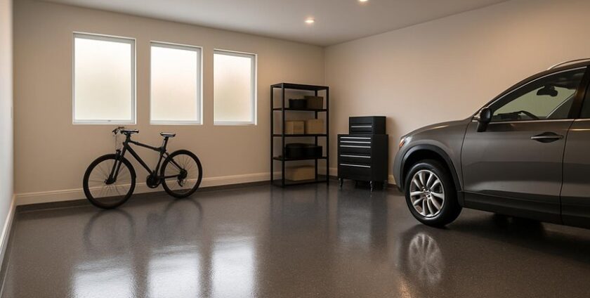 Clean garage with car, bike, and shelves