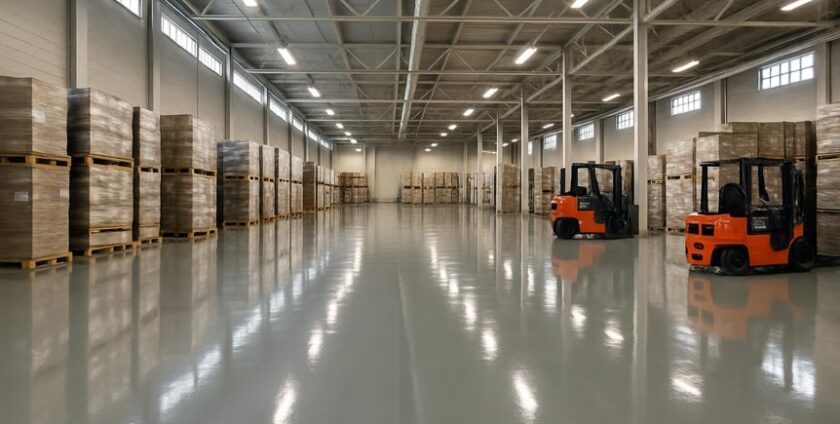 Warehouse with stacked pallets and orange forklifts