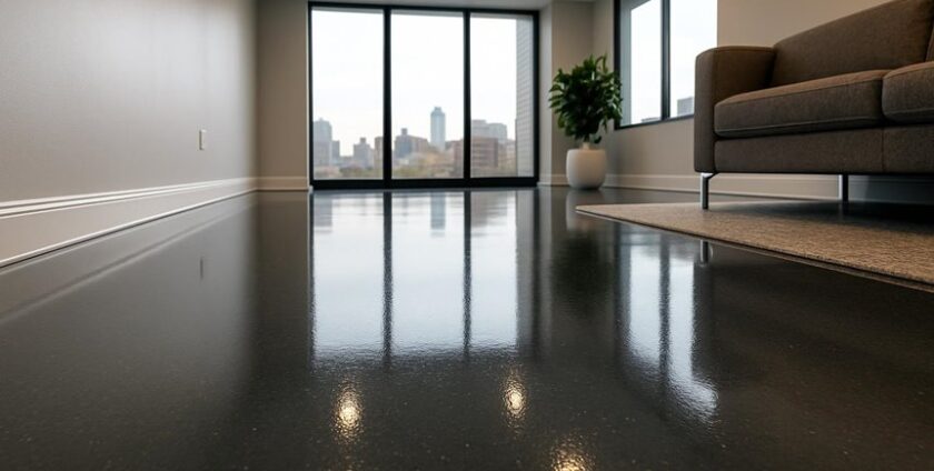 Modern living room with polished concrete floor
