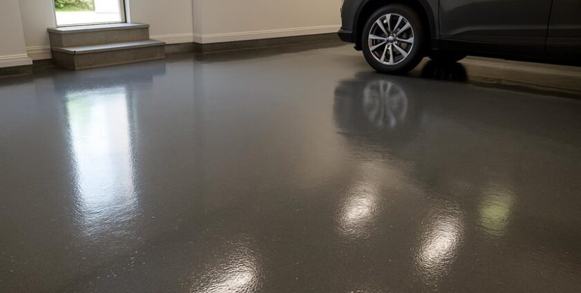 Clean garage with shiny epoxy floor and car