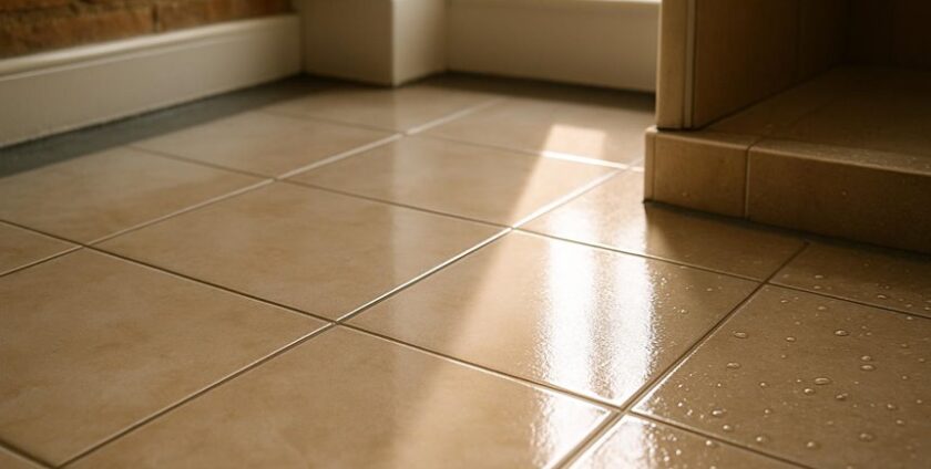 Glossy beige ceramic floor tiles near window