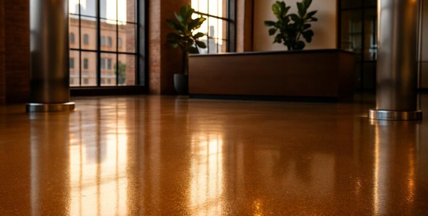 Polished concrete floor in modern office lobby