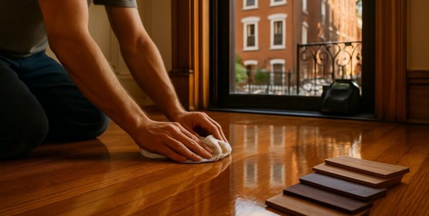 Person polishing wooden floor near window with samples.