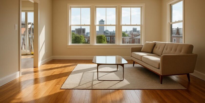 Bright living room with sofa and city view