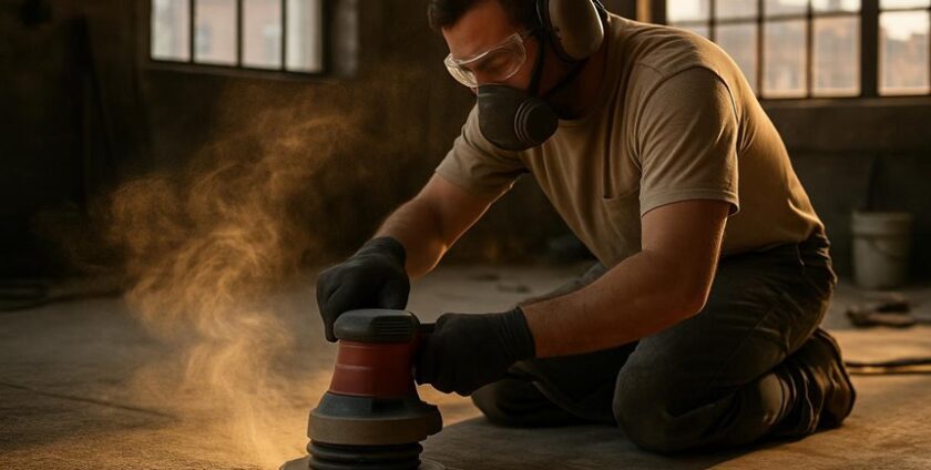 Worker sanding wooden floor with protective gear