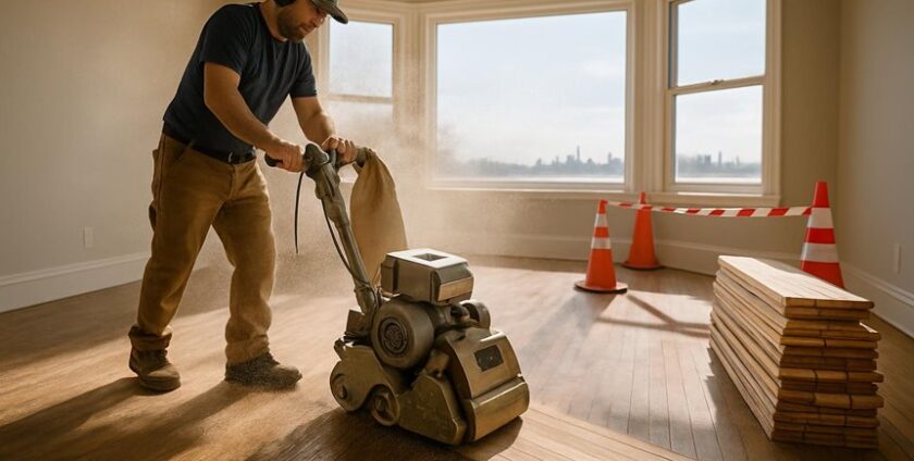 Worker sanding wooden floor in bright room