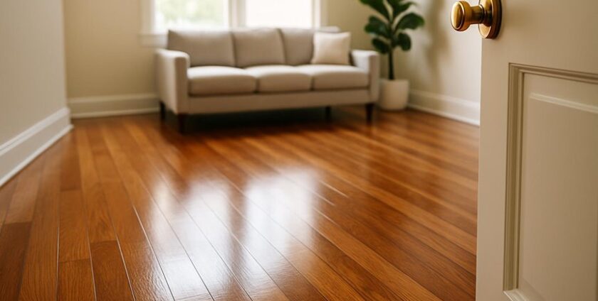 Bright living room with hardwood floors and sofa