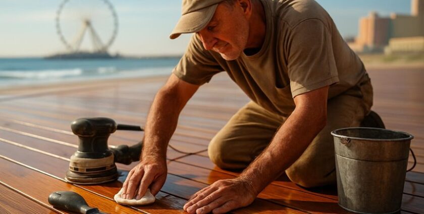 Worker polishing wooden deck near seaside ferris wheel
