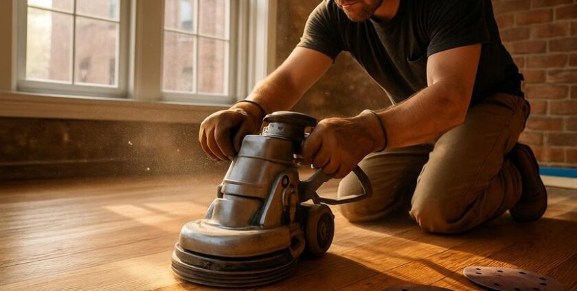 Worker sanding wooden floor with machine