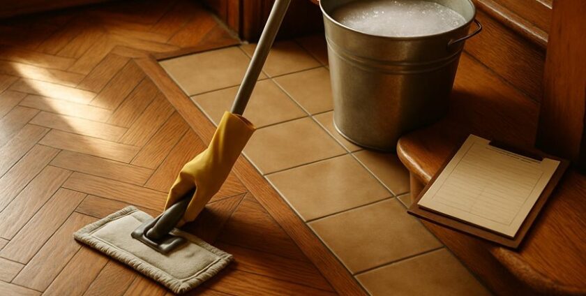 Mop and bucket on wooden floor for cleaning