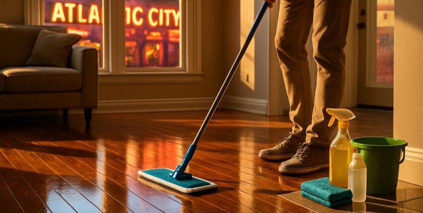 Person mopping shiny wooden floor at home