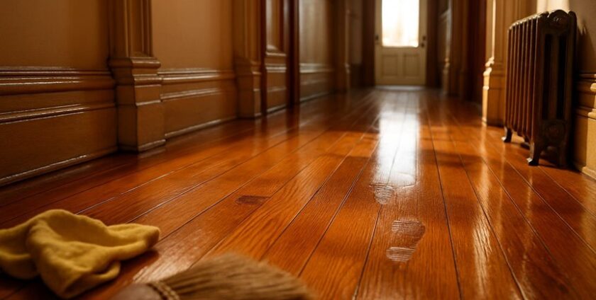 Footprints on polished wooden hallway floor