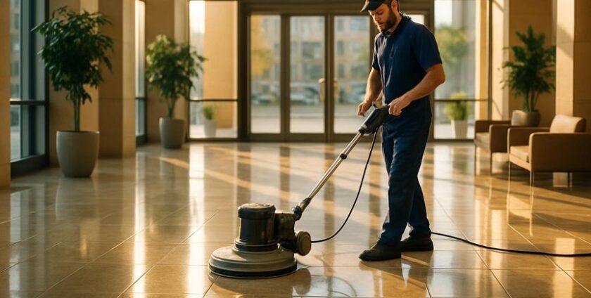 Worker polishing shiny office floor with machine