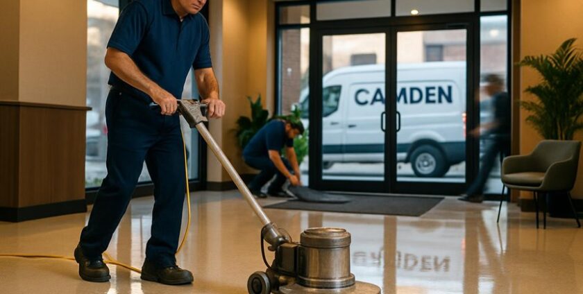 Janitor polishing office floor with cleaning machine