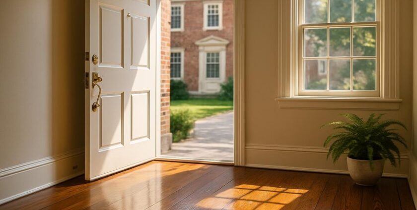 Open door with sunlight on wooden floor