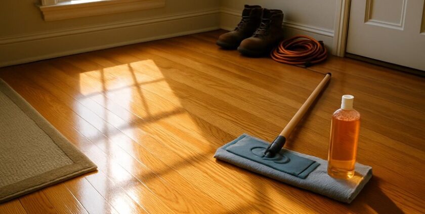 Clean hardwood floor with mop and cleaning solution