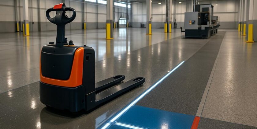 Electric pallet jack in modern warehouse