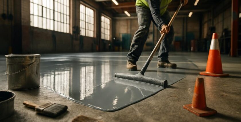 Worker applying epoxy coating on industrial floor