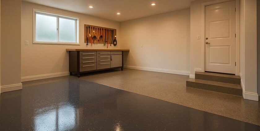 Clean garage with epoxy floor and workbench