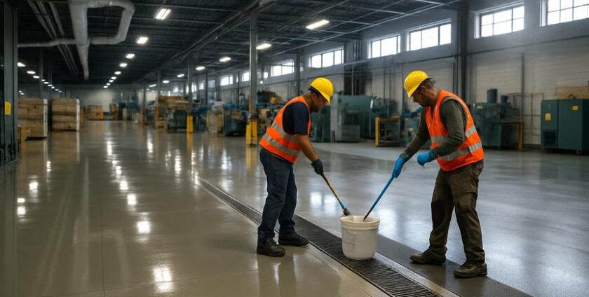 Workers cleaning industrial floor with mops