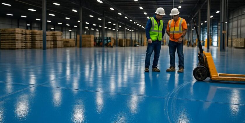 Workers inspecting warehouse floor with safety gear