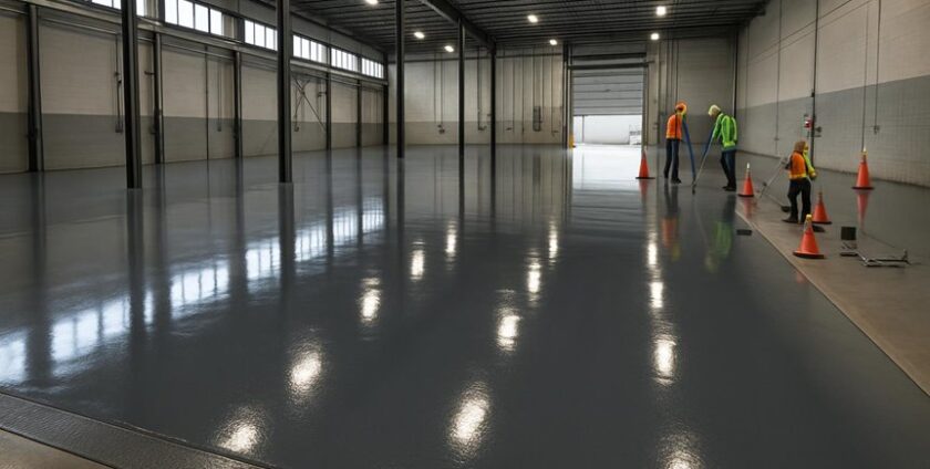 Workers applying epoxy coating on warehouse floor