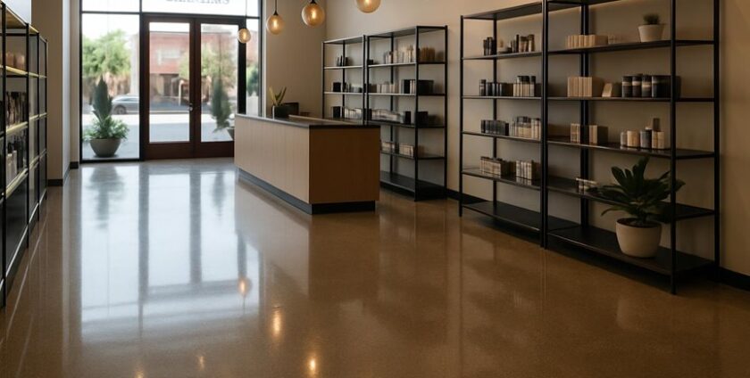 Modern minimalist store interior with shelves and counter.