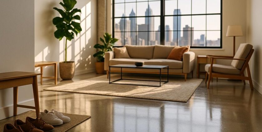 Modern living room with city skyline view