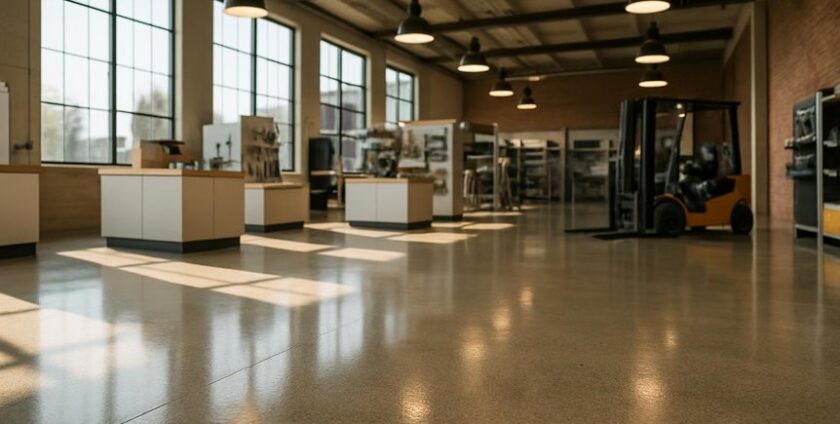 Modern industrial warehouse with forklift and equipment.