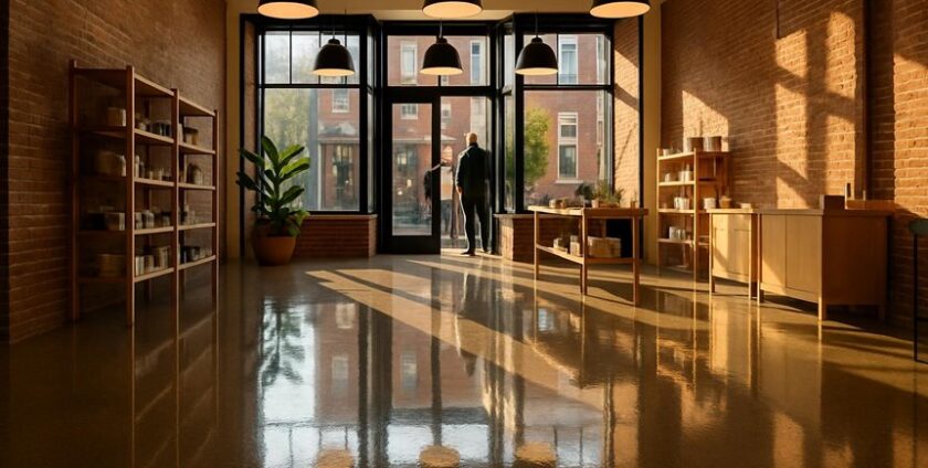 Sunlit modern store interior with wooden shelves